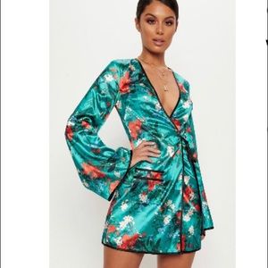 Green Oriental Contrast Kimono Wrap Dress